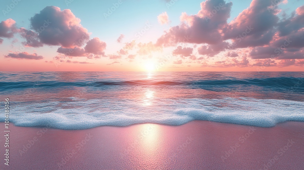 A pink and orange sunset over a calm ocean, with white foamy waves breaking on a sandy beach.