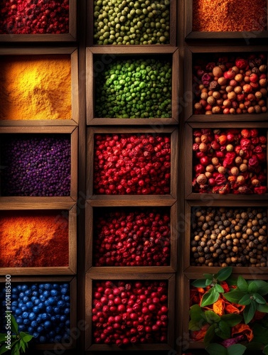 A vibrant collection of spices arranged in wooden crates, showcasing the diversity of colors and textures found in the culinary world. From red peppercorns to green peppercorns, turmeric to blueberrie