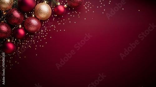 A vibrant red background with scattered glitter and Christmas ornaments, creating a festive and celebratory atmosphere. This image evokes joy, tradition, and the magic of the holiday season.
