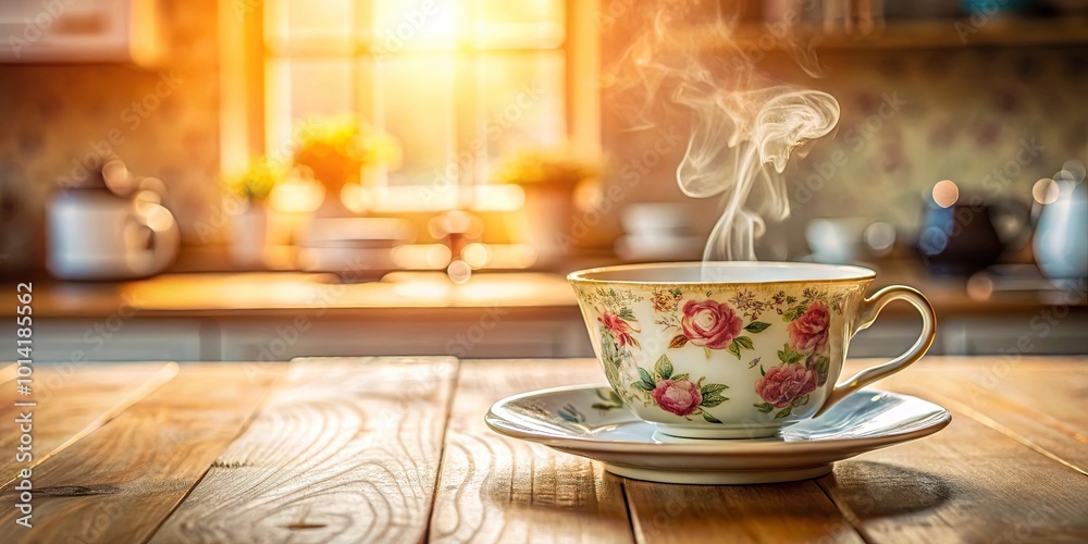 A floral teacup filled with steaming beverage resting on a wooden table in a sunlit kitchen.