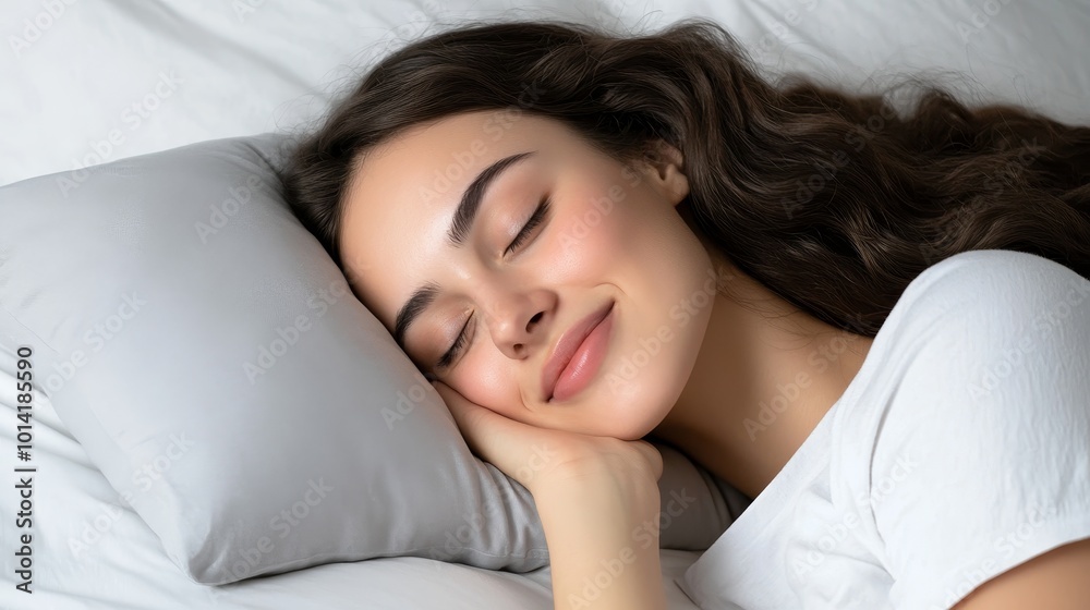 A young woman sleeps soundly in bed, radiating tranquility and peaceful slumber. Her serene smile and soft features embody the joy of a good night's rest. A young woman sleeps soundly in bed, radiating tranquility and peaceful slumber. Her serene smile and soft features embody the joy of a good night's rest.
