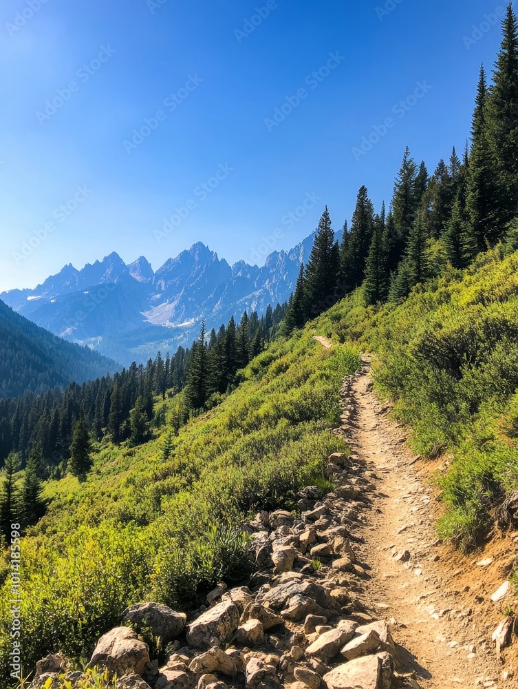 Fototapeta premium A winding hiking trail leads through rocky terrain, offering breathtaking views of majestic mountain peaks. The path winds its way upwards, promising an adventurous journey to the summit.