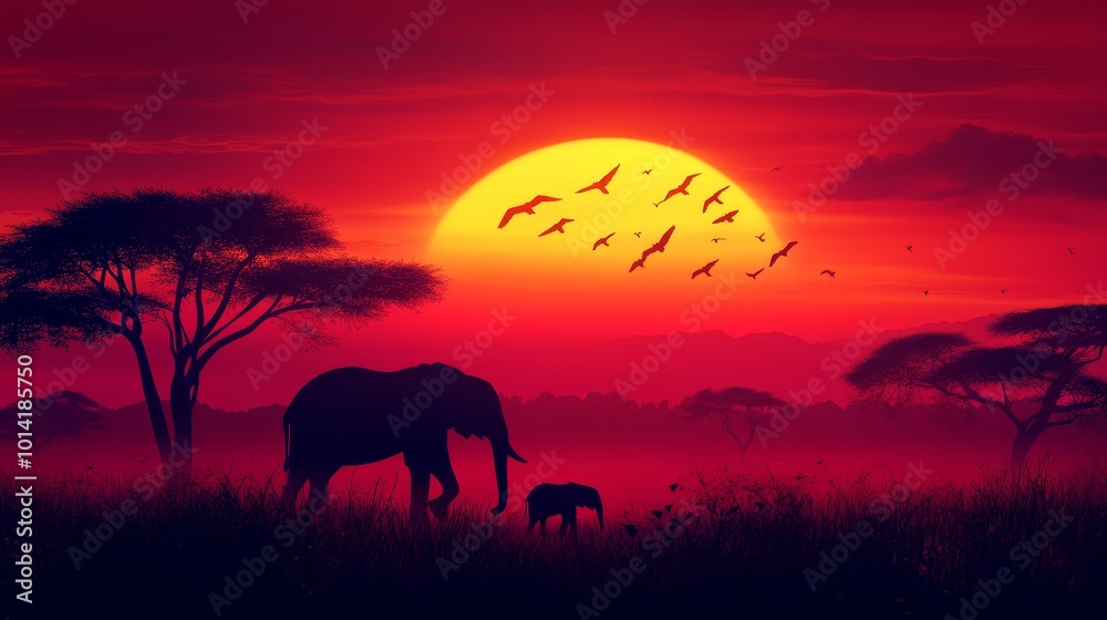 Fototapeta premium An adult elephant and its calf walk across a savanna landscape as the sun sets behind them. The silhouette of the elephants against the vibrant orange sky creates a powerful image symbolizing family,
