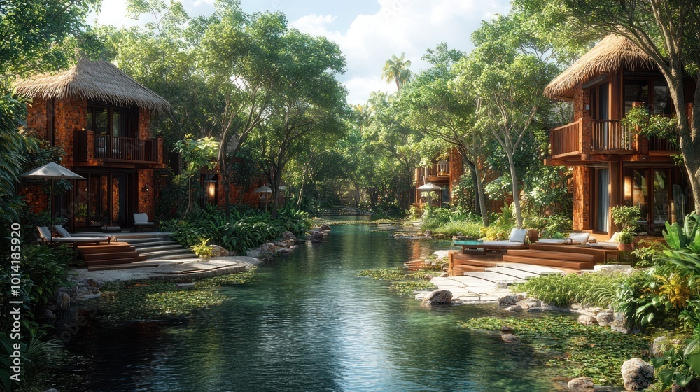 Serene eco-friendly retreat with lush greenery and waterway. Serene eco-friendly retreat with lush greenery and waterway.