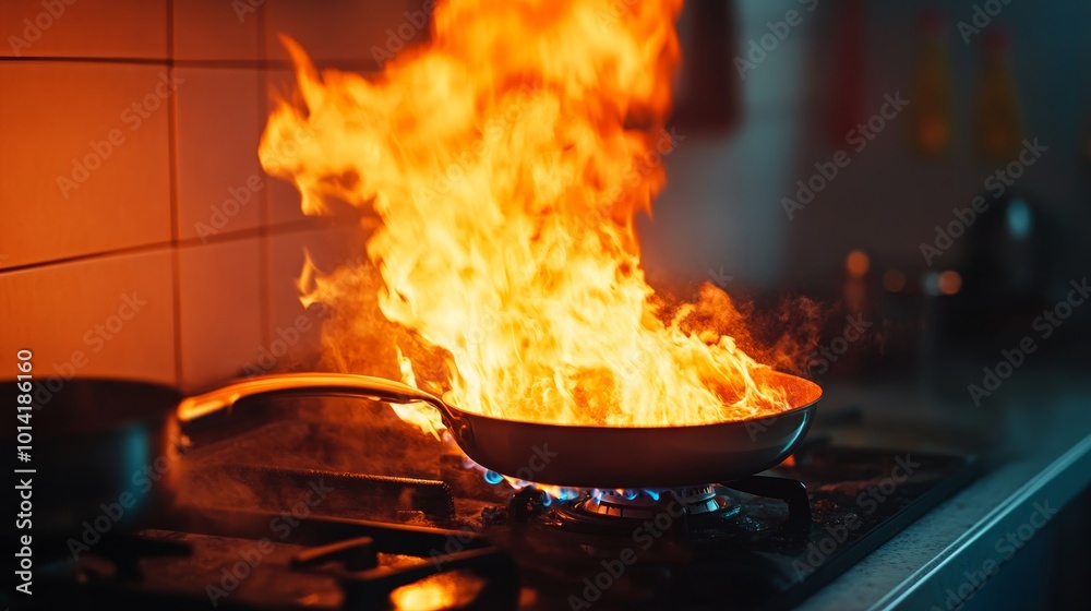 Intense flames erupt from a pan on a stovetop, symbolizing a kitchen fire hazard, danger, caution, heat, and cooking accidents. Intense flames erupt from a pan on a stovetop, symbolizing a kitchen fire hazard, danger, caution, heat, and cooking accidents.