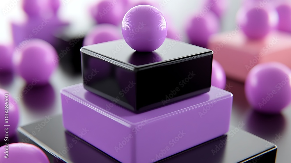 A purple sphere sits atop a stack of black and purple cubes, surrounded by scattered spheres, against a white backdrop. A purple sphere sits atop a stack of black and purple cubes, surrounded by scattered spheres, against a white backdrop.