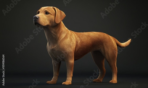 A golden labrador retriever stands on a black background, looking to the left.