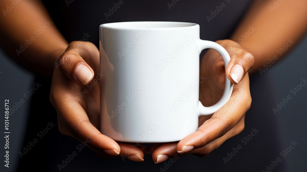Hands gently cradling a pristine white ceramic mug against a dark background, symbolizing comfort and warmth in a minimalist, elegant composition. Hands gently cradling a pristine white ceramic mug against a dark background, symbolizing comfort and warmth in a minimalist, elegant composition.