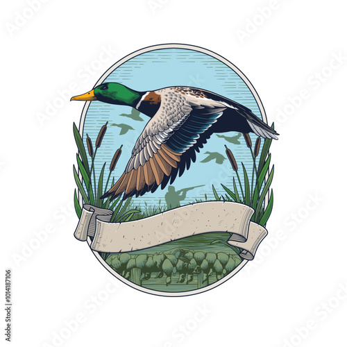 Flying Mallard Duck hunting logo emblem