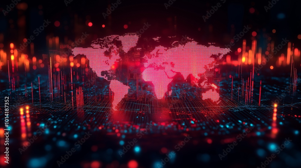 Real-time data global financial market analysis tools strategic investment map overlay 3D digits. AI generated. Real-time data global financial market analysis tools strategic investment map overlay 3D digits. AI generated.