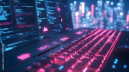 Wallpaper Mural A close-up shot of a glowing keyboard with code on the screen in the background. Torontodigital.ca