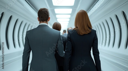 A sleek, modern corridor with three business professionals walking, emphasizing a sense of teamwork and progression.