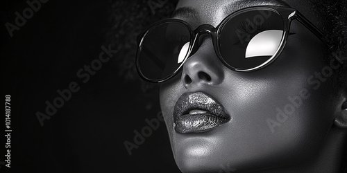 black and white portrait of stylish woman wearing sunglasses with glamorous makeup