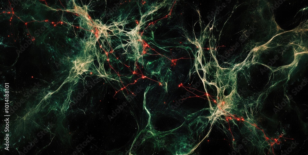 Fototapeta premium Abstract green and red network pattern on black background.