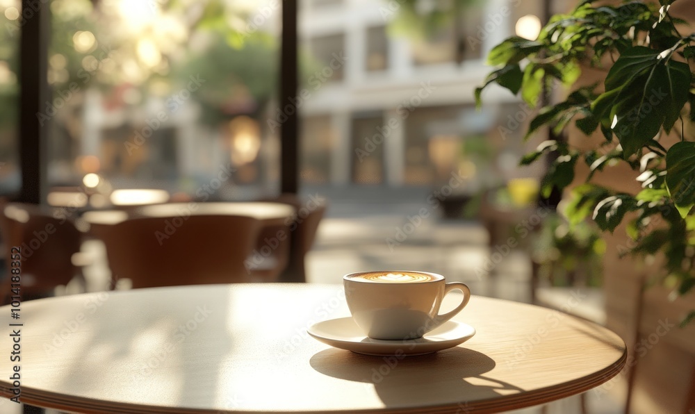 A cup of coffee on a table in a cafe with a city view through the window. A cup of coffee on a table in a cafe with a city view through the window.