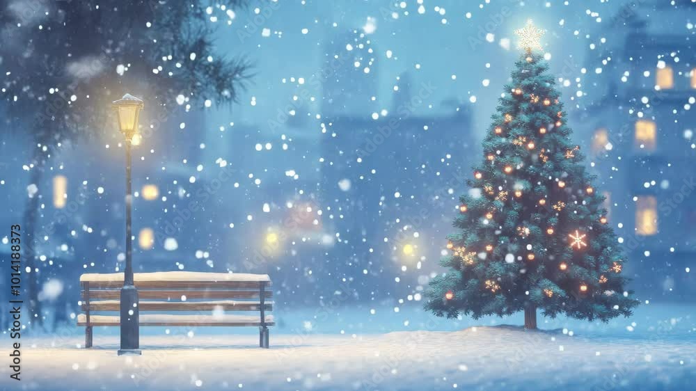 Christmas tree in snowy cityscape with falling snowflakes and snow-covered bench on Christmas Eve Christmas tree in snowy cityscape with falling snowflakes and snow-covered bench on Christmas Eve