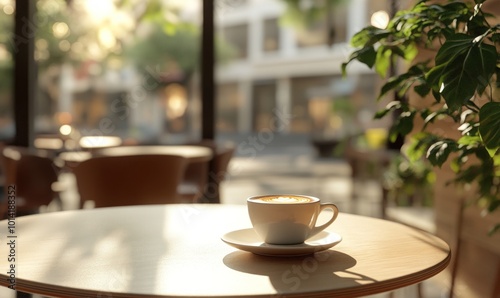 A cup of coffee on a table in a cafe with a city view through the window.