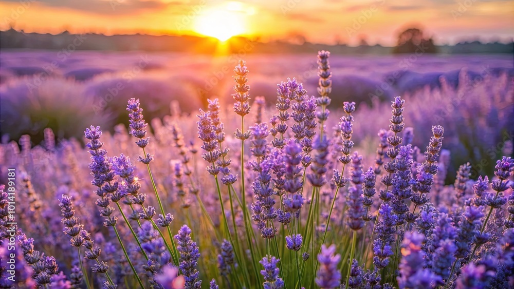 Fototapeta premium A field of lavender blooms bathed in the warm glow of a setting sun, the delicate petals catching the light and casting a soft, purple hue over the landscape.