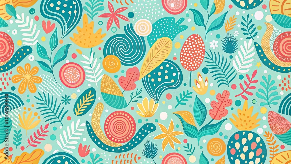 A Vibrant Tapestry of Abstract Floral Motifs and Organic Shapes, Intertwined and Arranged in a Seamless Pattern, Evoking a Feeling of Joy and Playfulness A Vibrant Tapestry of Abstract Floral Motifs and Organic Shapes, Intertwined and Arranged in a Seamless Pattern, Evoking a Feeling of Joy and Playfulness