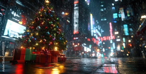 A decorated Christmas tree with presents sits on a rainy city street at night.