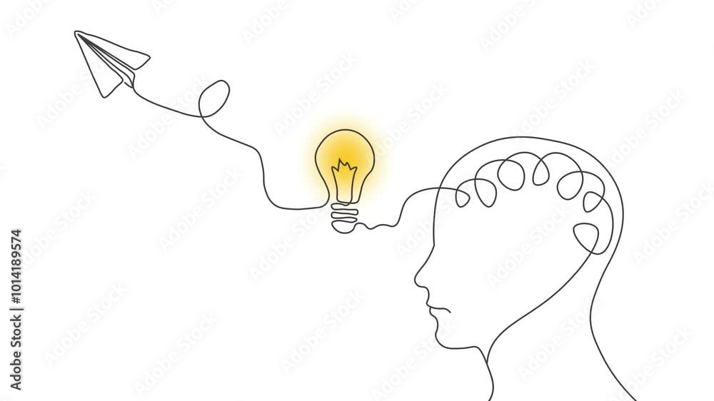 Success Idea Concept with Human Brain, light bulb and flying paper airplane drawing line animation in white background. Creative Mind, Innovation, Creativity and brainstorm