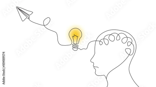 Success Idea Concept with Human Brain, light bulb and flying paper airplane drawing line animation in white background. Creative Mind, Innovation, Creativity and brainstorm