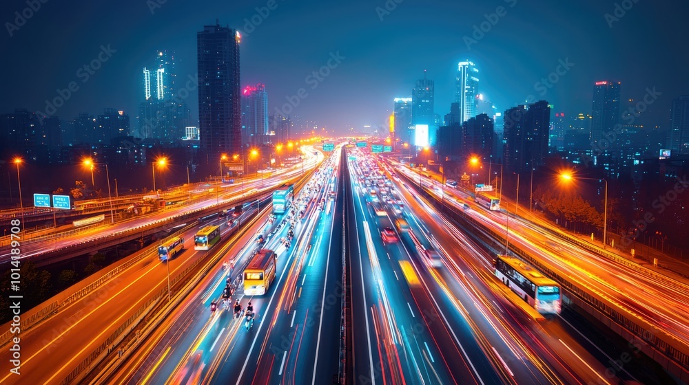 Fototapeta premium A vibrant cityscape at night, showcasing illuminated roads and skyscrapers with flowing vehicle lights creating a dynamic urban atmosphere.