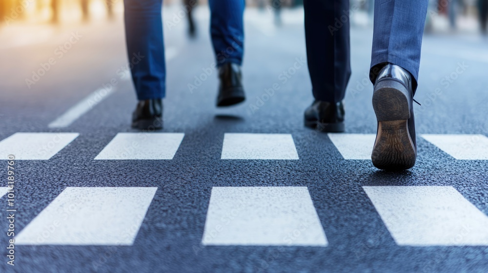 Two people crossing a pedestrian crossing, focused on their feet, captured in a bustling urban setting.