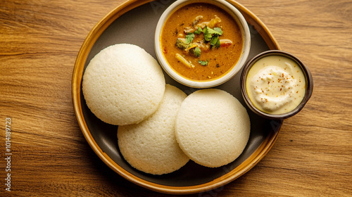 Top view of idli sambar with coconut chutney on the plate photo