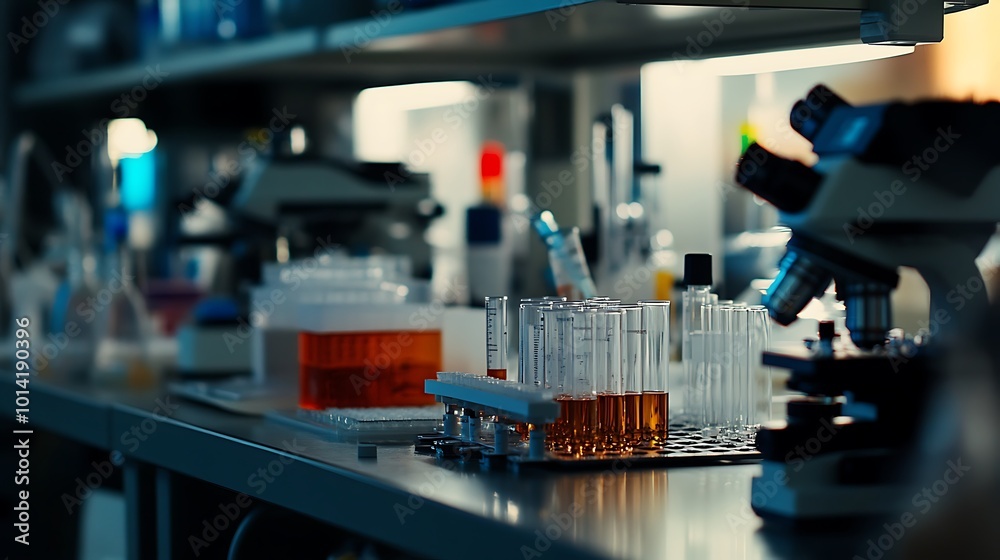 Laboratory equipment with test tubes and microscope Laboratory equipment with test tubes and microscope