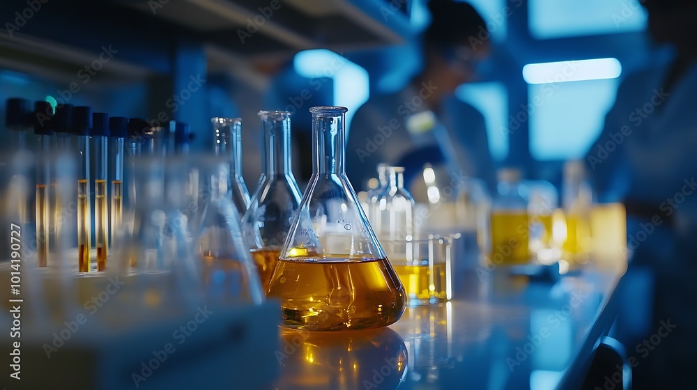 Glass beakers and test tubes filled with yellow liquid in a lab setting Glass beakers and test tubes filled with yellow liquid in a lab setting