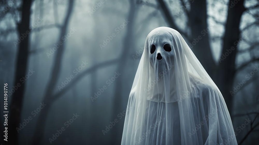 abstract eerie glowing white closeup of a Halloween Ghost on misty background abstract eerie glowing white closeup of a Halloween Ghost on misty background