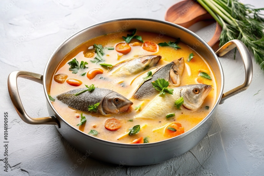 A close up stock photo of fish soup cream simmering in a pot against a white background, pot, white background,fish soup, simmering