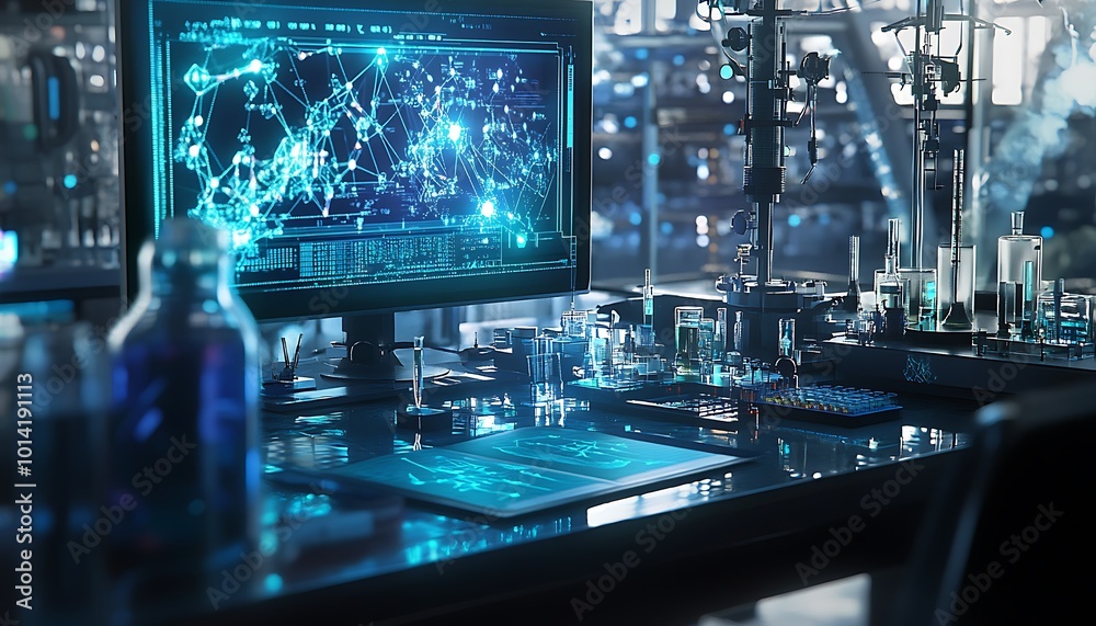 Futuristic Laboratory Workstation with Network Data Display Futuristic Laboratory Workstation with Network Data Display