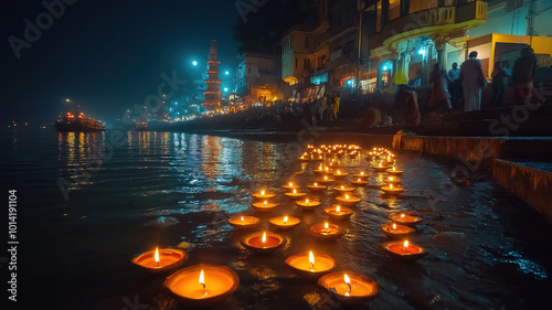 Dev Deepawali Celebration at Varanasi Ghats with Lit Candles Under the Night Sky