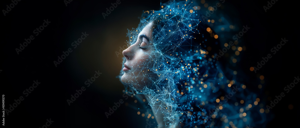 portrait of a woman with digital illustration of the human mind portrait of a woman with digital illustration of the human mind