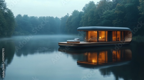 A modern eco-friendly cabin boat, drifting on a peaceful lake,