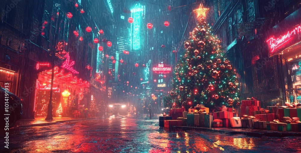 Obraz premium A futuristic city street adorned with Christmas lights and a decorated Christmas tree, with presents underneath, on a rainy night.