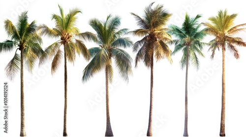 A set of coconut palm images cut out on a transparent background.