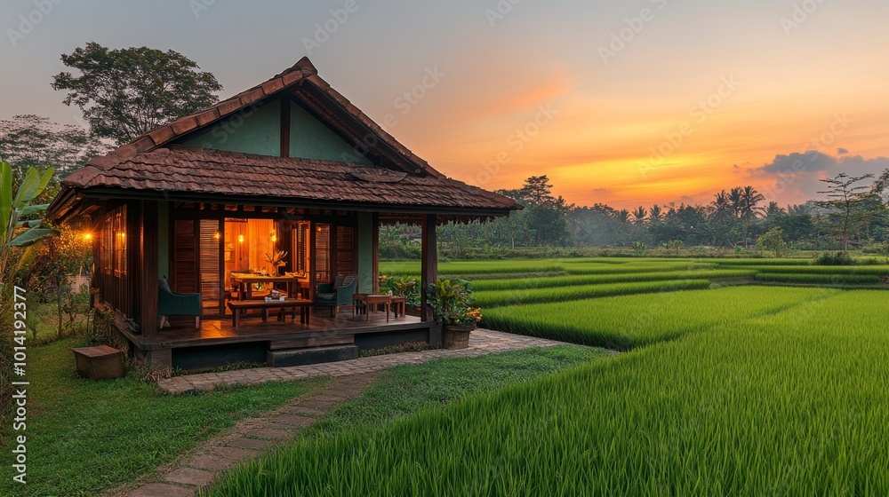 A small wooden bungalow with an open-air terrace, set in the middle of rice fields at sunset. A small wooden bungalow with an open-air terrace, set in the middle of rice fields at sunset.