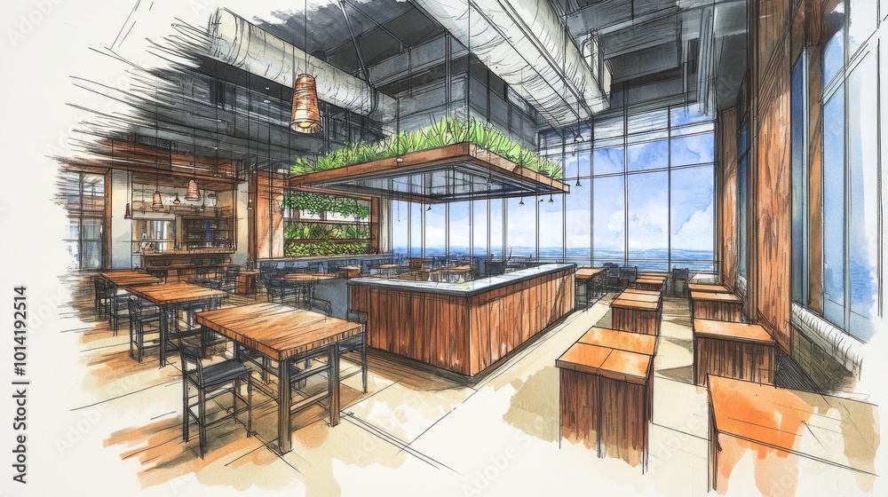A modern restaurant interior design with wooden tables and chairs, a ...