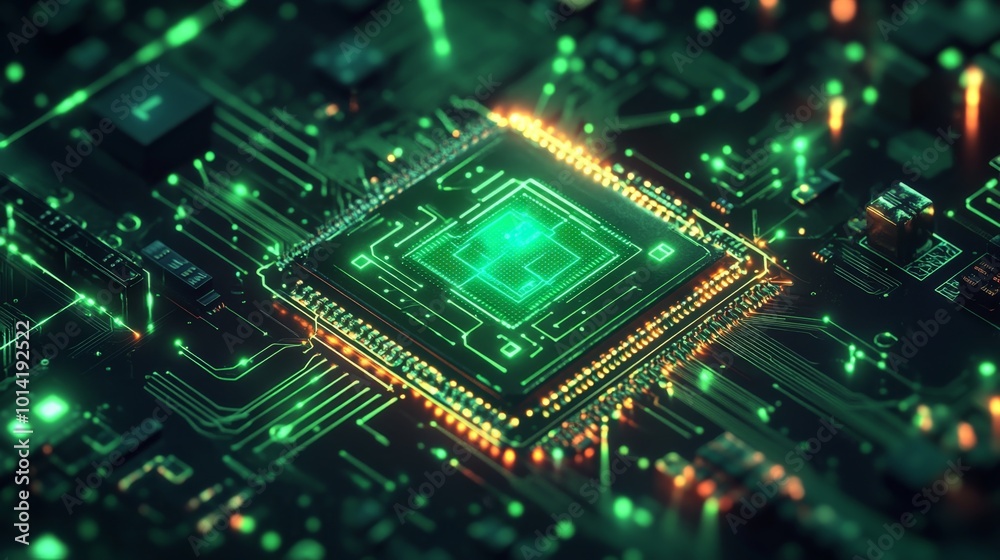 Abstract digital technology background. Isometric AI chip with AI hologram with circuit tech bg.