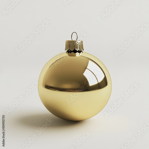 Shiny golden bauble resting elegantly on a white background, capturing a minimalist holiday aesthetic