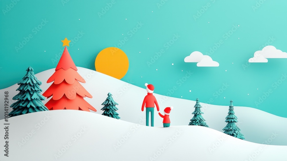 Whimsical winter scene with parent and child celebrating Christmas Whimsical winter scene with parent and child celebrating Christmas
