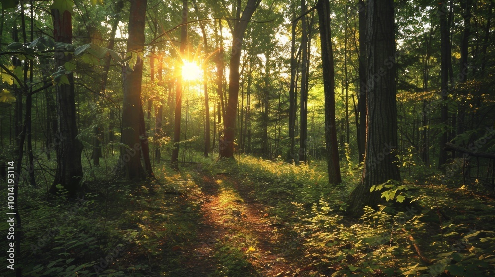 Fototapeta premium Enchanting Sunlit Pathway Through Lush Green Forest Landscape