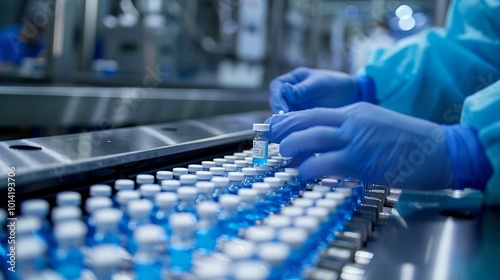 Pharmaceutical production line with gloved hands carefully inspecting vials of medicine, showcasing quality control in modern drug manufacturing.