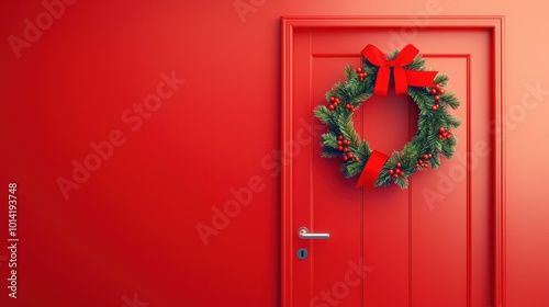 Festive red door adorned with a Christmas wreath photo