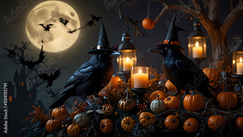 ravens or Crow wearing witch hats, perched on branches surrounded by Halloween decorations