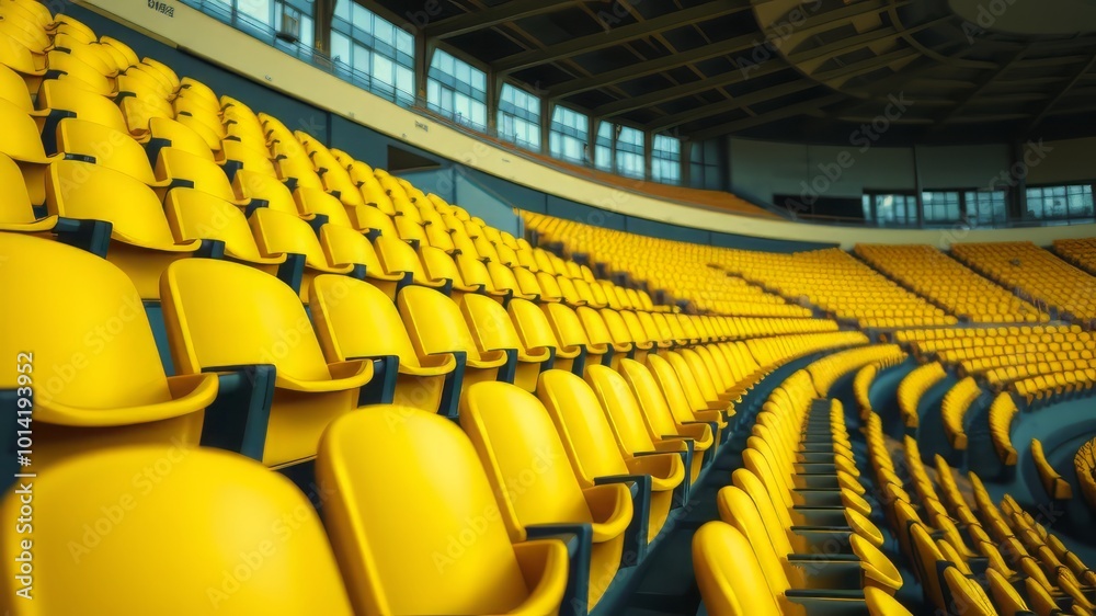 Fototapeta premium A bright yellow row of chairs, evenly spaced and tiered, stretches across a vacant stadium, some closer to