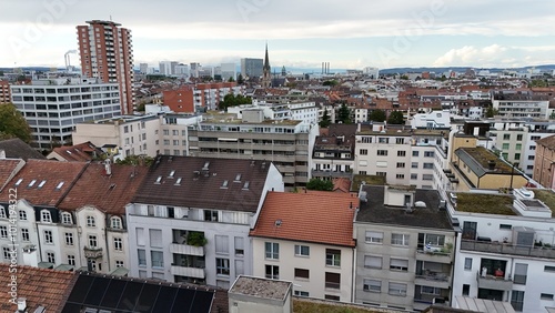 aerial of Zurich, Switzerland looking downtown